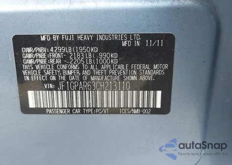 2012 Subaru Impreza 2.0I Sport Limited z USA, uszkodzony, nr VIN JF1GPAR63CH213110